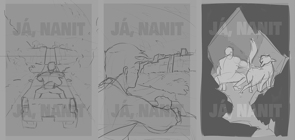 Tři varianty kompozičních skic a thumbnails pro sci-fi knižní obálku Já, Nanit