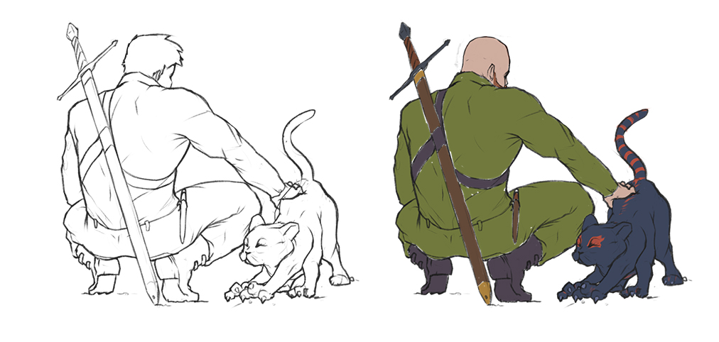 Čistá skica, lineart a základní barevná studie (flat colors) pro sci-fi postavy