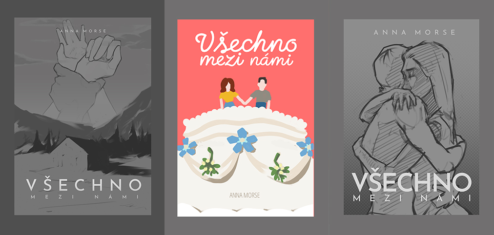 Three initial concept sketches for the cover Všechno mezi námi – a monochromatic piece with hands and a barn, a wedding motif with cake toppers, and a sketch featuring an embracing couple