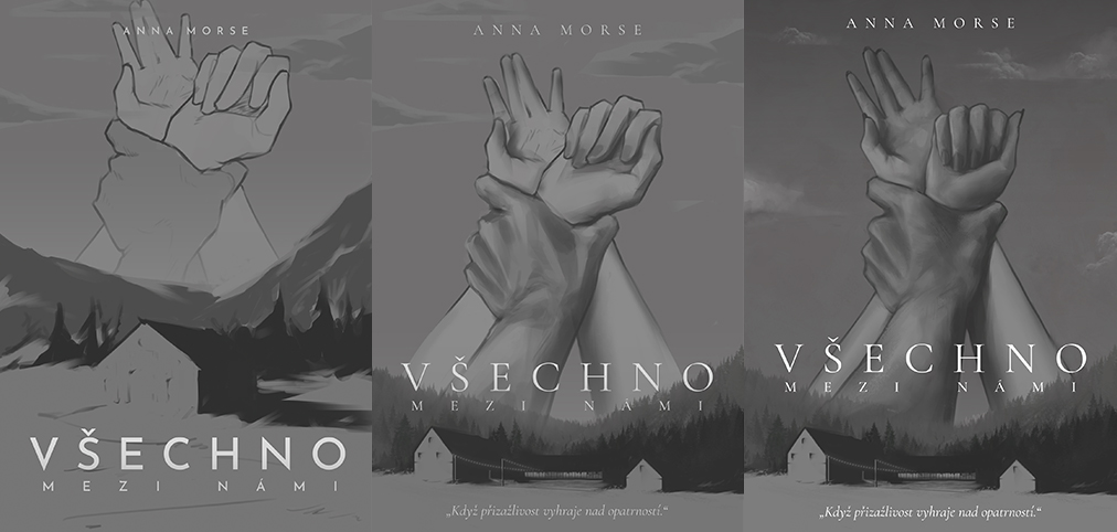 Step-by-step rendering process of the grayscale cover illustration from a rough concept through defining volume and hand anatomy to final shading and details