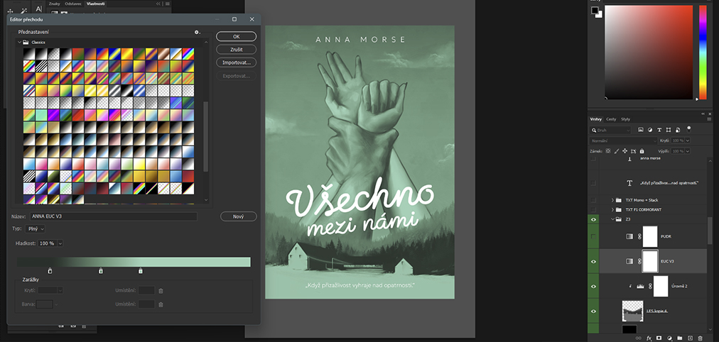 Adobe Photoshop interface showcase using the Gradient Map tool for green toning on a grayscale cover illustration