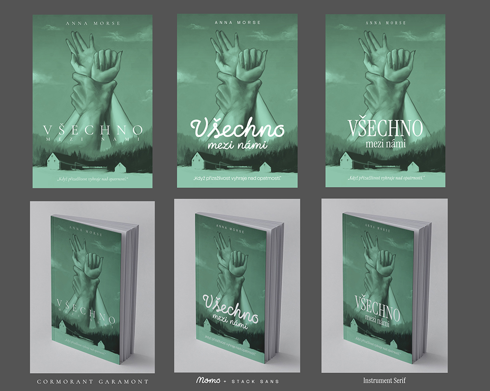 Comparison of three typographic options using Cormorant Garamond, Momo with Stack Sans, and Instrument Serif fonts, including a 3D book mockup