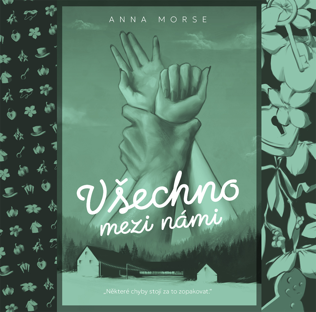 Comparison of two stenciled edge variations for the book Všechno mezi námi – repeating wallpaper pattern on the left and an organic floral motif with symbols on the right
