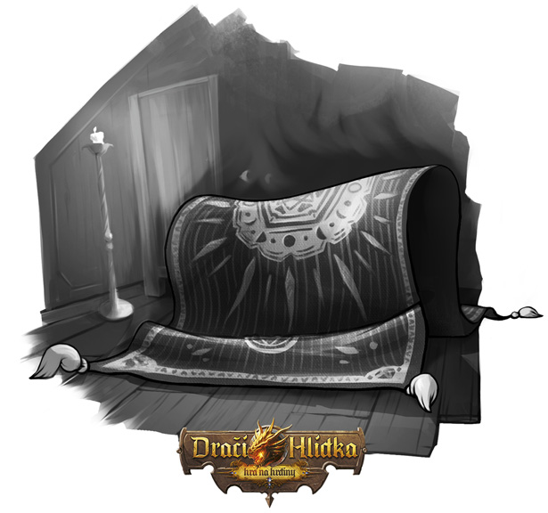 Spotová digitální ilustrace magického koberce alchemisty pro RPG deskovou hru Dračí Hlídka.