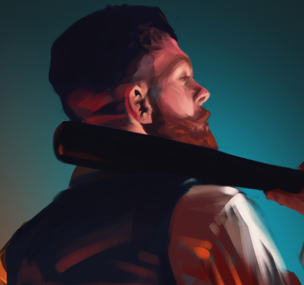 Digitální ve Photoshopu malovaný portrét muže stylizovaného do gangsterského prostředí dle vlastní fotografované referenční fotografie.