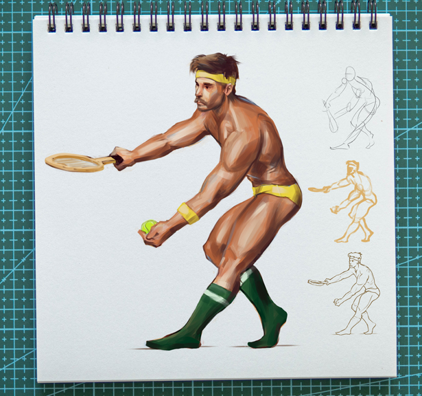 Proces ilustrace postavy spoře oděného tenisty od dynamické pózy, přes lineart a finální podobu na pozadí skutečného papírového skicáku.