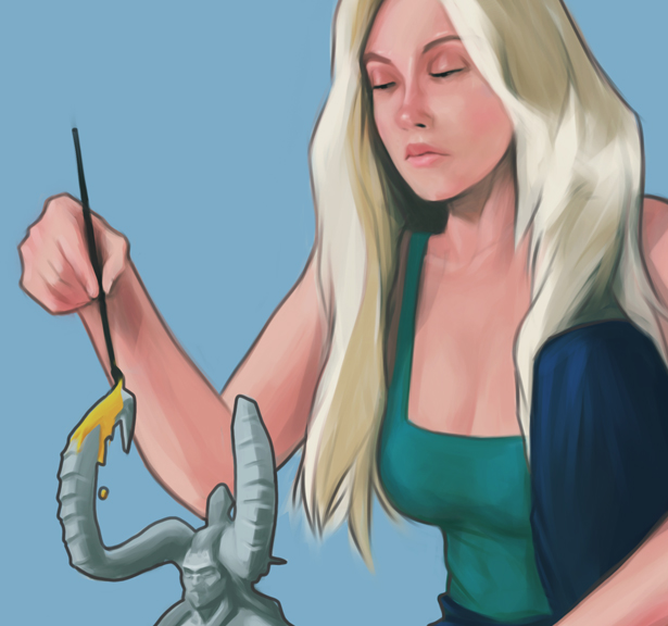 Digitální ilustrace postavy sedící dívky barvící miniaturní bustu Illidana z herní série World of Warcraft.
