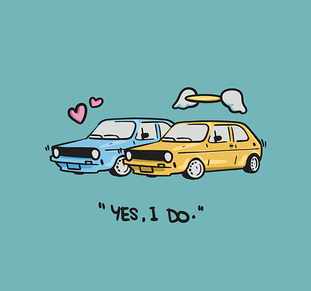 Zakázkový soubor stylizovaných a zjednodušených ilustrací automobilu Volkswagen (VW) Golf pro merch výrobky instagramového účtu oslovující tuningovou a youngtimer subkulturu.
