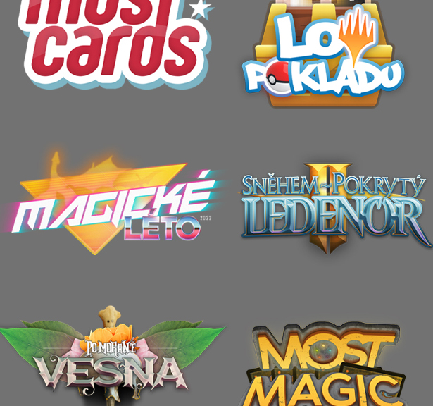 Soubor grafických prací - loga sezónních eventů zájmového klubu Most Magic umožnující reálná utkání ve sběratelských karetních hrách jako Magic the Gathering, Pokémon a další.