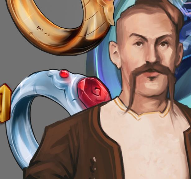 Vlastní ilustrace herních fantasy předmětů s prsteny a medailonem jako součást výbavy, které nabízí ilustrovaný portrét obchodníka ze středověku.