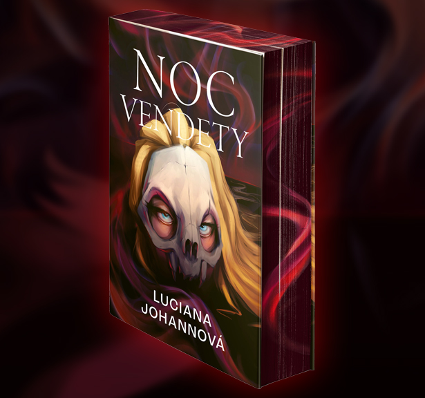Ilustrace knižní obálky pro Naše Nakladatelství, Knihy Dobrovský, knihy Noc Vendety s portrétem hlavní postavy příběhu s kočkovitou lebkou místo masky na obličeji a hypnotickým pohledem.