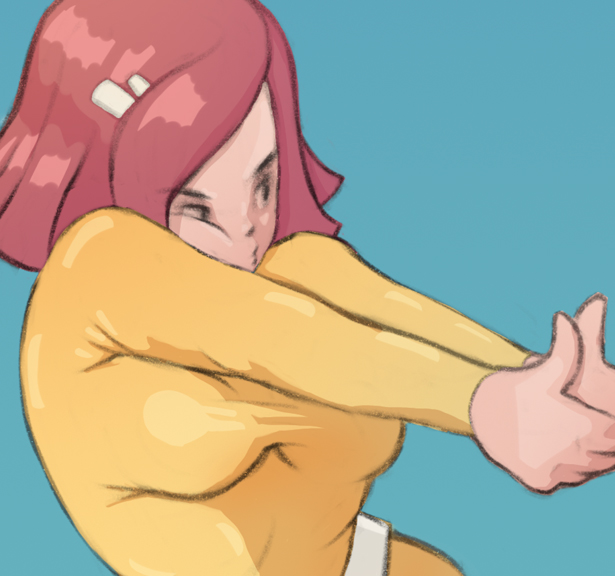 Ilustrace originální postavy s kreativním česko-anglickým jménem, Pastika, ve scifi kostýmku a póze značící výstřel prsty ve stylu anime z 80. a 90. let.