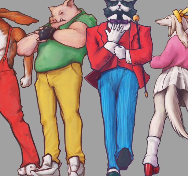 Zájmový projekt a soubor ilustrací hlavních postav českého časopisu Čtyřlístek vykreslených v dospělých verzích - Piňďa, Bobík, Myšpulín, Fifinka.