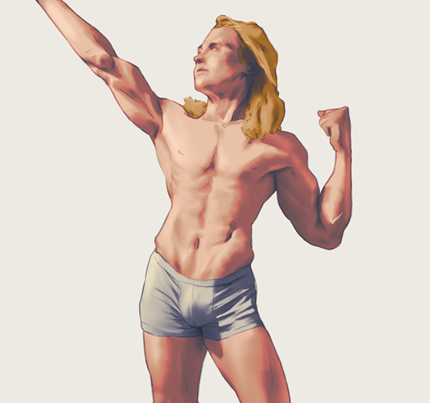 Proces (krok za krokem) digitální ilustrace mužské postavy, modelu, dle referenční fotografie ve Photoshopu od hrubého návrhu přes renderování stínů po barvení pomocí mapování na přechod (gradientů).